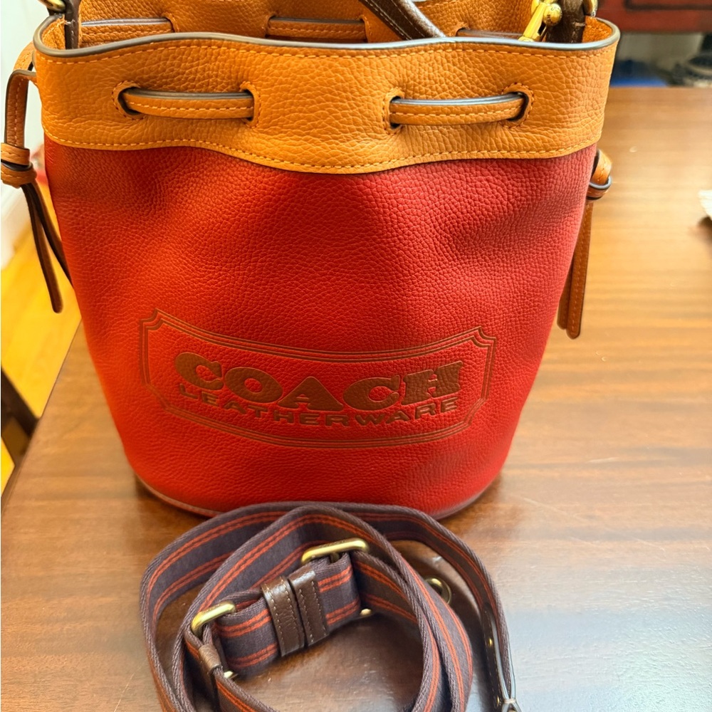 Coach Color-block Red and Brown Leather Field Bucket Bag